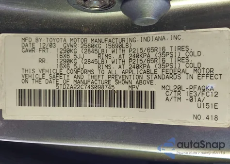 2004 Toyota Sienna Xle z USA, uszkodzony, nr VIN 5TDZA22C74S098745